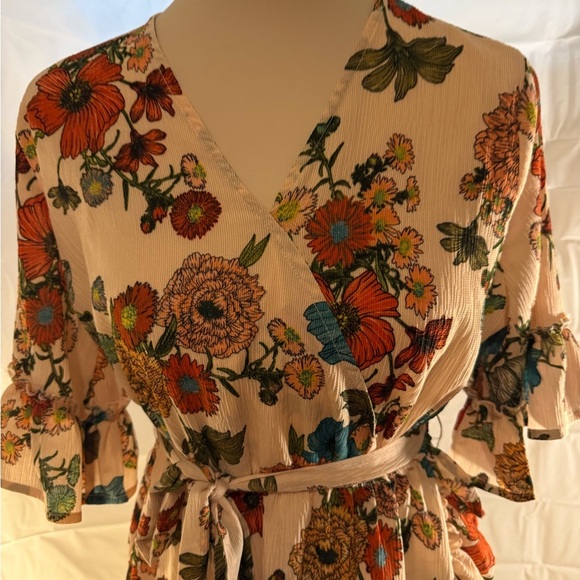 Easel Orange and Blue Ruffled Tie Front Sundress with 3/4 Flutter Sleeves - Picture 1 of 7